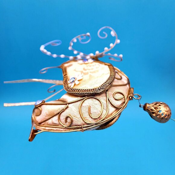 Victorian Bird Ornament Tapestry Gold Beaded Frame Rhinestone Flowers Drop Bead - Picture 9 of 9